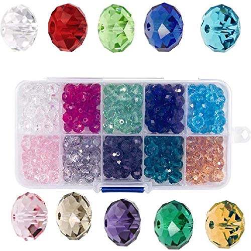 Cuentas de vidrio de cristal de 6 mm, cuentas de vidrio facetado, cuentas Rondelle 10 colores surtidos con caja para hacer artesanías de pulsera de collar de joyería DIY (500 piezas)