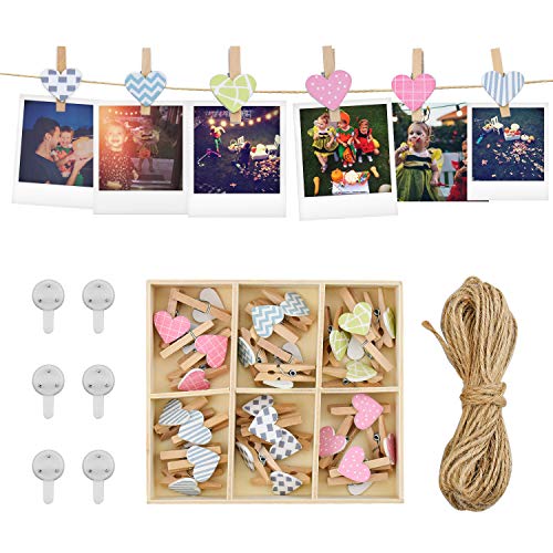 Cuerda de fotos Pared Colgar Fotos de Pared con 100 CM Cuerdas y 30 Piezas Mini Pinzas de Madera Decoración del Hogar y Regalo