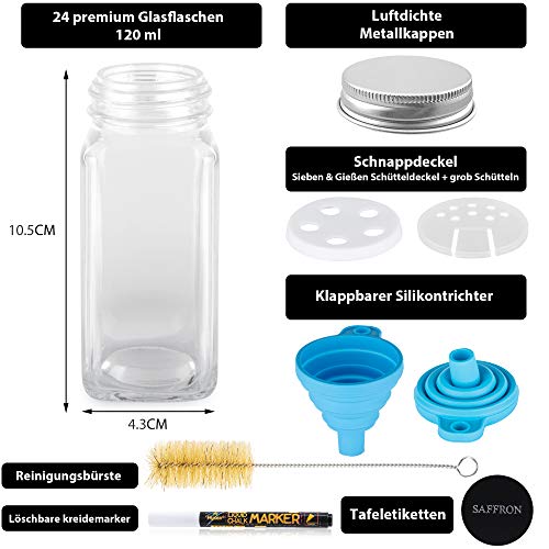 Deco Haus Juego 24 Tarros Especias con Tapa Rosca - Etiquetas, Embudo, Cepillo, Marcador - Va con Nuestros Estantes para Condimentos - Almacenamiento y Dispensador Vidrio Transparente 120ml 10.5x4.3cm