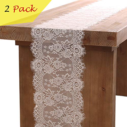 DÉCOCO 2 pack Mantel de encaje blanco 35 * 300 cm Mesa de encaje Vintage Encaje Rústico Boho Decoración de recepción de boda Decoración de mesa de fiesta al aire libre