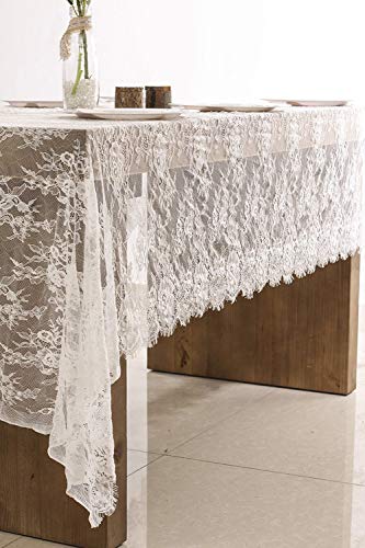 DÉCOCO Mantel de Encaje Blanco 150 * 300 cm en superposición de Mesa de Encaje Superposición de Encaje Bordado Vintage Decoración de recepción Vintage Decoración de Mesa de recepción de Boda Boho