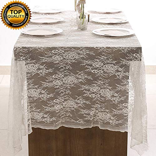 DÉCOCO Mantel de Encaje Blanco 150 * 300 cm en superposición de Mesa de Encaje Superposición de Encaje Bordado Vintage Decoración de recepción Vintage Decoración de Mesa de recepción de Boda Boho