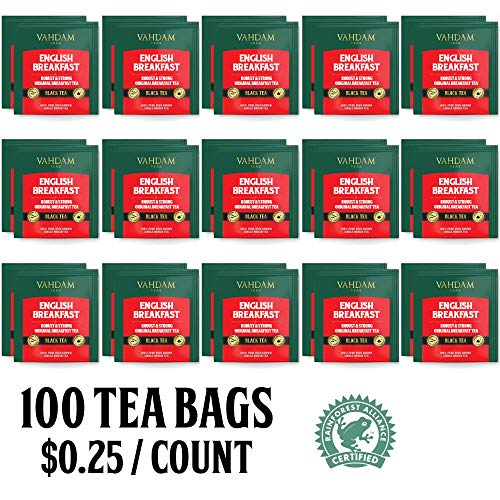 Desayuno Inglés Té Negro (100 Bolsitas De Té) | ALTA ENERGÍA Y CAFEÍNA - Reemplazo de café saludable | Bolsas de té negras fuertes, robustas y con sabor | ANTIOXIDANTES RICOS