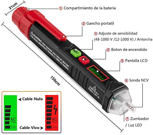 Detector de Voltaje CA sin Contacto, Ventdest 12V-1000V Detector De Tension, Alarma Sonora, Electrico Comprobador De Tensión con linterna LED Distinción inteligente en vivo/nulo Pantalla LCD