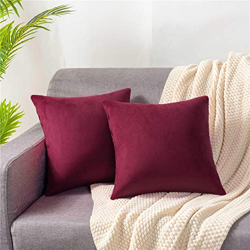 DEZENE Fundas de Cojín Rojo Vino 40x40cm: Paquete de 2 Fundas de Almohada Decorativas Cuadradas de Terciopelo Suave Sólido para sofá de Granja
