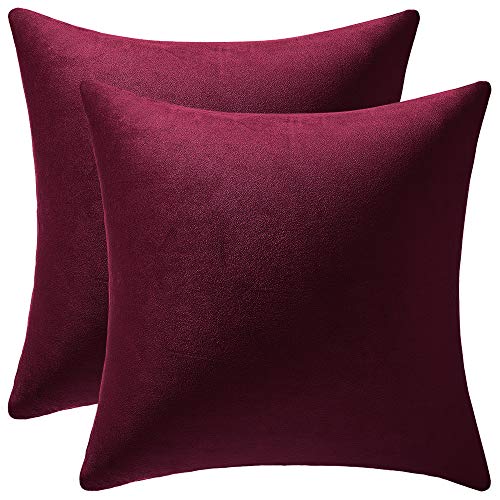 DEZENE Fundas de Cojín Rojo Vino 40x40cm: Paquete de 2 Fundas de Almohada Decorativas Cuadradas de Terciopelo Suave Sólido para sofá de Granja