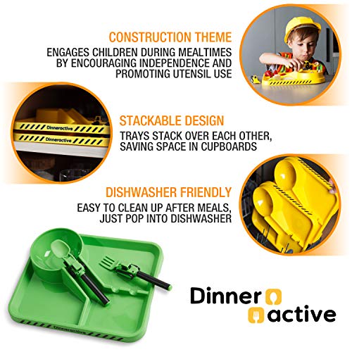 Dinneractive Set de Vajilla para Niños - Vajilla de 3 Piezas con Temática de Construcción - Cubiertos de Tractor - Platos para Niños Pequeños - Platos para Bebés