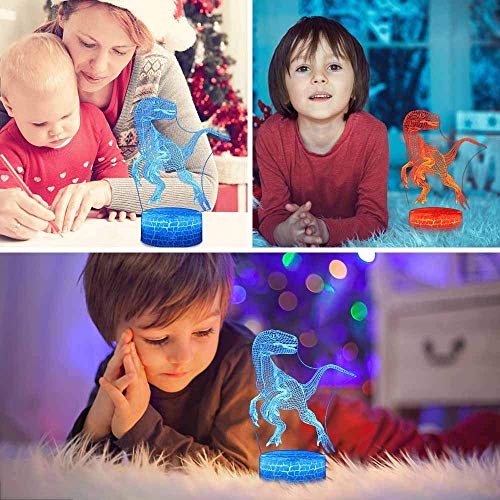 Dinosaurio 3D Luz Nocturna Infantil, Juguete Dinosaurio para Chicos, 7 Colores Lámpara de Luz Nocturna Mesa Escritorio Dormitorio Decoración, Regalos de Cumpleaños para Bebés y Amigos