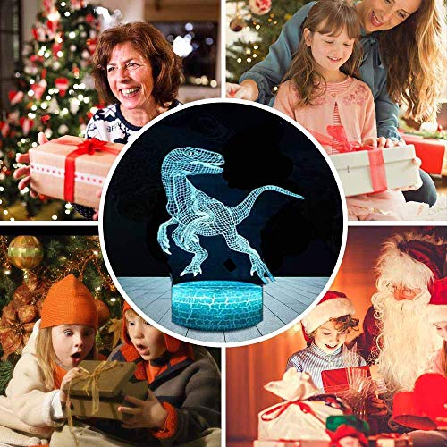 Dinosaurio 3D Luz Nocturna Infantil, Juguete Dinosaurio para Chicos, 7 Colores Lámpara de Luz Nocturna Mesa Escritorio Dormitorio Decoración, Regalos de Cumpleaños para Bebés y Amigos