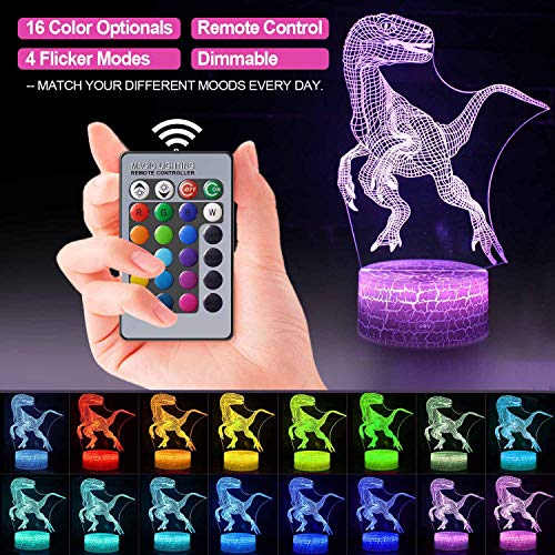Dinosaurio 3D Luz Nocturna Infantil, Juguete Dinosaurio para Chicos, 7 Colores Lámpara de Luz Nocturna Mesa Escritorio Dormitorio Decoración, Regalos de Cumpleaños para Bebés y Amigos
