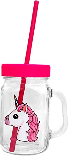 DISOK - Jarra de Unicornio con Tapa y Pajita Rosa. Presentada en cajita. Enchanted Rainbow. Detalles de niñas para comuniones, colegios, Fiestas y cumpleaños (Precio Unitario)