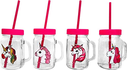 DISOK - Jarra de Unicornio con Tapa y Pajita Rosa. Presentada en cajita. Enchanted Rainbow. Detalles de niñas para comuniones, colegios, Fiestas y cumpleaños (Precio Unitario)