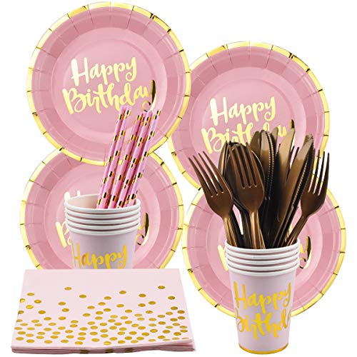 Dokpav Vajilla Desechable con Letras Bronceadas, 80PCS Platos de Papel Vasos Pajitas de Papel Servilletas Cucharas Tenedores Cuchillos, Suministros para Cumpleaños Fiestas para 10 Invitados (Rosado)