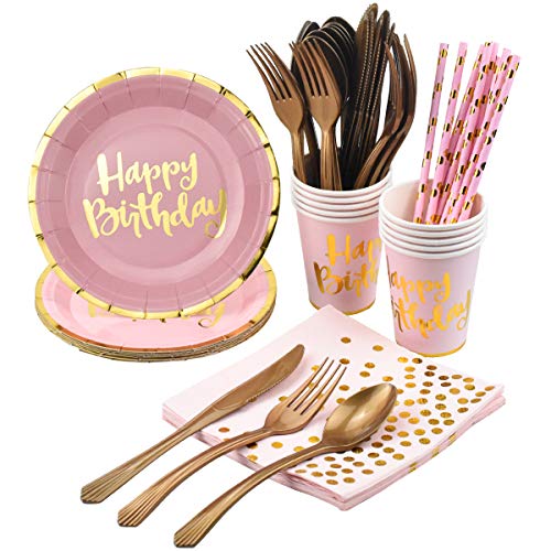 Dokpav Vajilla Desechable con Letras Bronceadas, 80PCS Platos de Papel Vasos Pajitas de Papel Servilletas Cucharas Tenedores Cuchillos, Suministros para Cumpleaños Fiestas para 10 Invitados (Rosado)