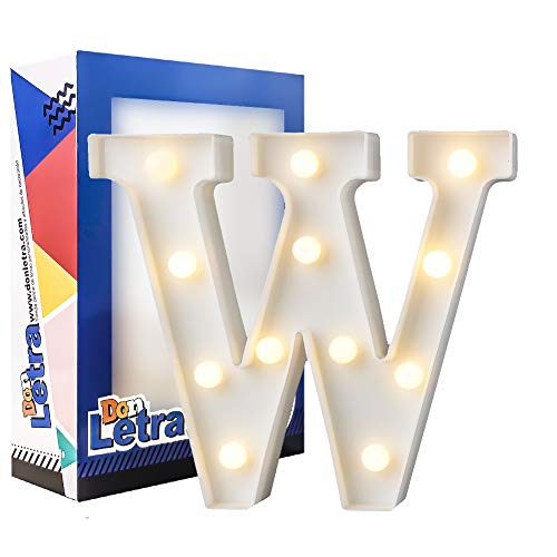 DON LETRA Letras Luminosas Decorativas con Luces LED, Letras del Alfabeto A-Z, Altura de 22cm, Color Blanco - Letra W