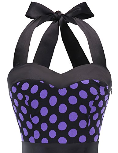 DRESSTELLS Halter 50s Rockabilly Polka Dots Dots Dress Petticoat Pleated Skirt Black Purple Dot S