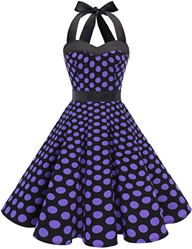 DRESSTELLS Halter 50s Rockabilly Polka Dots Dots Dress Petticoat Pleated Skirt Black Purple Dot S