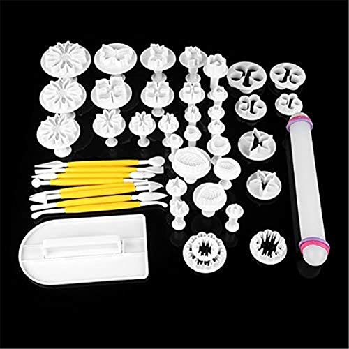 DUBENS - Juego de 46 herramientas para tartas, fondant, fondant, pasteles, dulces, decoración para galletas, helado, molde para hornear, color blanco