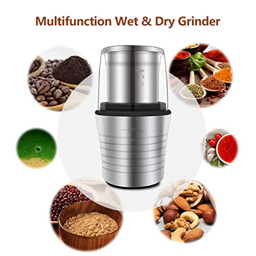DXH Especias Grinder, 2-en-1 húmedas y secas Copas Dobles 300W eléctrica Especias y Amoladora del Grano de café Cuerpo de Acero Inoxidable y Miller Rotary Cuchillo