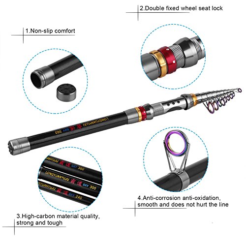 ECOOLBUY 4 Paquetes 2.1 m, 2.4 m, 3.0 m Caña de Pescar Telescópica y 11BB Reel & Lures & Line Set 99% Carbono Materiales Carp Fishing Rod Combo De Pesca (Señuelo y Línea Gratis) 2.4M/94.5in
