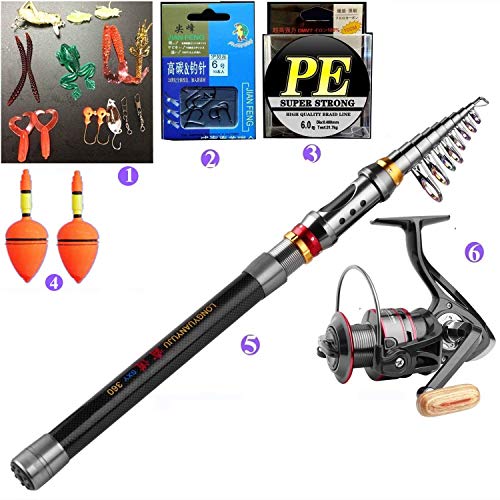 ECOOLBUY 4 Paquetes 2.1 m, 2.4 m, 3.0 m Caña de Pescar Telescópica y 11BB Reel & Lures & Line Set 99% Carbono Materiales Carp Fishing Rod Combo De Pesca (Señuelo y Línea Gratis) 2.4M/94.5in