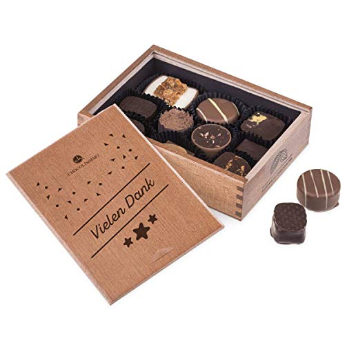 Elegance - Vielen Dank | 10 chocolates artesanales | Caja de madera | Bombones | Chocolate | Gracias | Presente | Regalo para mujer | Hombres | Adultos