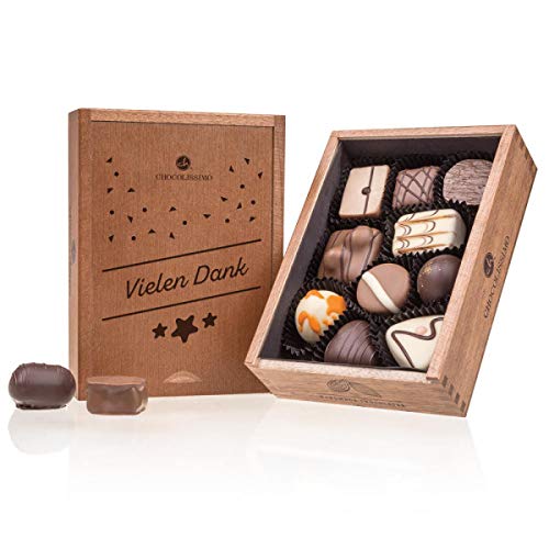Elegance - Vielen Dank | 10 chocolates artesanales | Caja de madera | Bombones | Chocolate | Gracias | Presente | Regalo para mujer | Hombres | Adultos