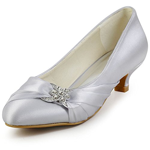 ElegantPark EP2006L Zapatos de Novia Tacón Bajo Mujeres Cerrado Kitten Toe Rhinestones Satén Zapatos para Novia Boda Plata 41