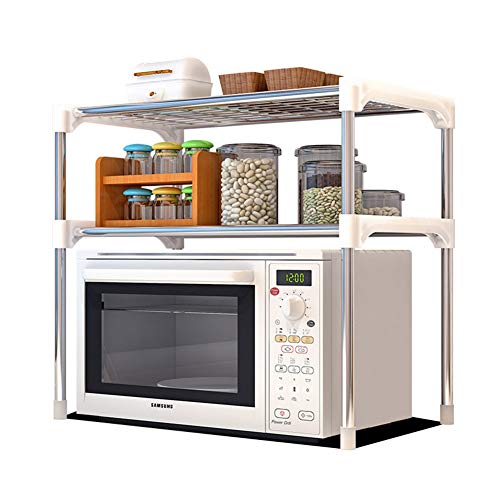 elegantstunning Estante de horno de microondas de acero inoxidable Estante 2 capas para baño Cocina Horno de microondas Organizador de almacenamiento Gabinete blanco 57 x30x48cm