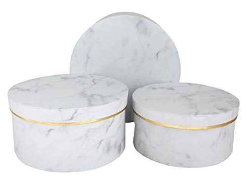 Emartbuy Set of 3 Cajas de Regalo Rígide de Flores, Patrón de Mármol Blanco y Tapa Con Borde Dorado