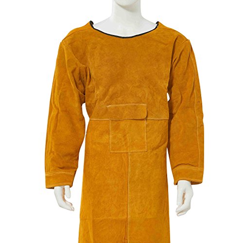 ENJOHOS Delantal de soldadura integrado para soldadura Esparcidor de fuego de cuero Delantal accesorio de soldadura por salpicadura antitermal Soporte de herramienta de fuego amarillo 105 cm