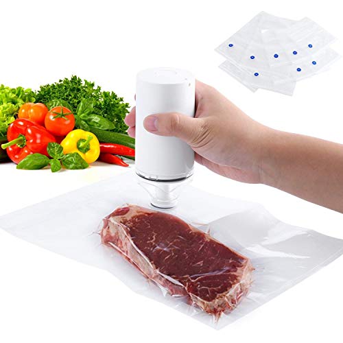 Envasadora al Vacío Mini Food Saver Selladora al Vacío,Vacío de alimentos libre de BPA 10 sellado bolsas, 2 boquillas reemplazables,para Frutas,Verduras y Carne con 10pcs Bolsas de Vacío