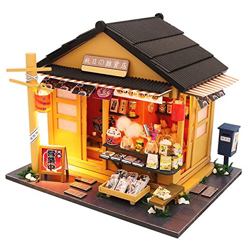 erhumama Mini - Tienda Japonesa de comestibles, casa de muñecas LED, Muebles de la Tienda de Madera de DIY, Modelo de Juguetes para niños.