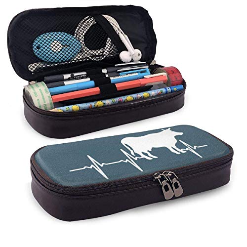 Estuche de lápices de cuero con latido del corazón para granjero lechero, estuche de maquillaje cosmético multifunción para la escuela y la oficina