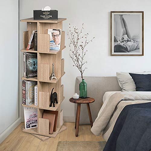 EUGAD Estantería para Libros Librería de Árbol Estantería Giratoria Estante de Piso Estante de Oficina Estante Decorativo 360 ° Libremente Giratorio con 4 Niveles MDF Nature 39x39x128cm 0009SHG