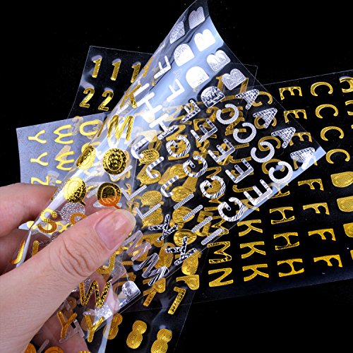 euhuton 6 Hojas de Pegatinas centelleas de Alfabetos y números, de Color Dorado y Plateado, 3 Patrones