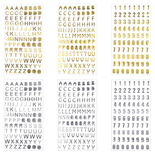 euhuton 6 Hojas de Pegatinas centelleas de Alfabetos y números, de Color Dorado y Plateado, 3 Patrones