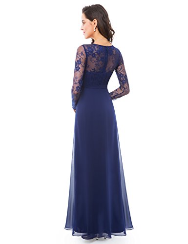 Ever-Pretty Cuello Alto de la Longitud del Piso de Las Mujeres con Mangas largas del cordón Vestidos de la Madre de la Novia Azul Marino 36