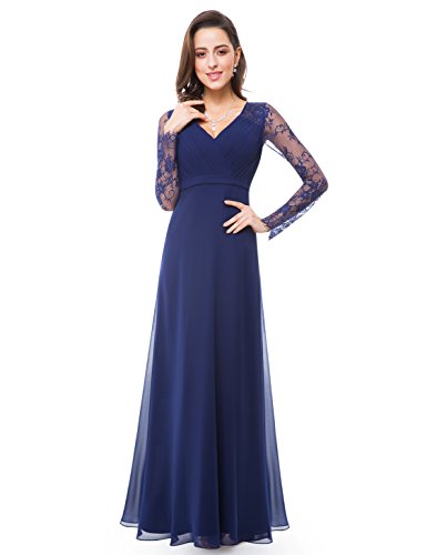 Ever-Pretty Cuello Alto de la Longitud del Piso de Las Mujeres con Mangas largas del cordón Vestidos de la Madre de la Novia Azul Marino 36
