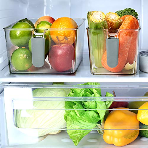 EZOWare Organizador Frigorifico y Cocina, 8 Pcs Cajas de Almacenaje con Asa para Uso Frigorifico, Nevera, Despensa, Armario, Estantes, Baño - Transparente y Gris, Pequeño