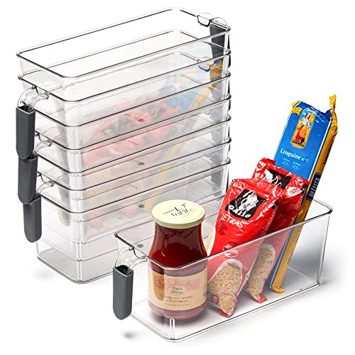 EZOWare Organizador Frigorifico y Cocina, 8 Pcs Cajas de Almacenaje con Asa para Uso Frigorifico, Nevera, Despensa, Armario, Estantes, Baño - Transparente y Gris, Pequeño