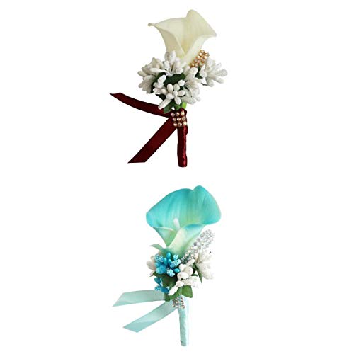 F Fityle Ramillete de Flores de Lirio de Cala, Muñeca Ramillete para Novias Novios, Boutonniere de Boda Aniversario Colores Blanco + Rojo + Azul