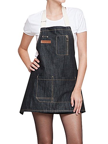 FEOYA Unisex Delantales Camarero Cortos Denim con Bolsillos Mandil para Trabajo Restaurante Cafetería 62 * 60cm - Negro