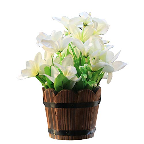 Flikool Flores Artificiales de Seda con Barril de Madera Falsas Narcisos con Jarrón Flor de Lirio Plantas Artificiales en Maceta Bonsai Verdes para Balcón Interior Hogar Oficina Decor - Blanco