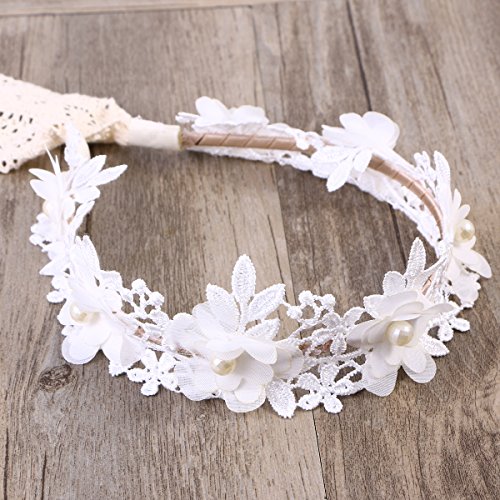 FRCOLOR Flor Floral Lace Bead Ribbon Hair Guirnalda Garland Diadema Corona para niñas Blanco