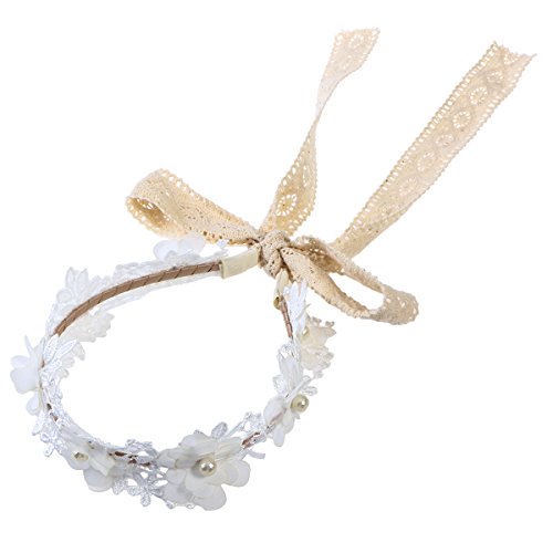 FRCOLOR Flor Floral Lace Bead Ribbon Hair Guirnalda Garland Diadema Corona para niñas Blanco