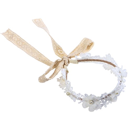 FRCOLOR Flor Floral Lace Bead Ribbon Hair Guirnalda Garland Diadema Corona para niñas Blanco