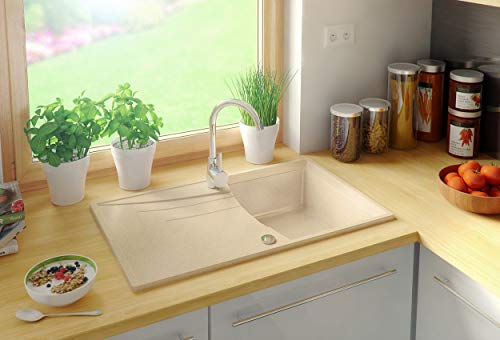 Fregadero de Granito con Premium Sifón Valencia Fregadero Empotrado Beige Armario Cocina 45cm Antibacteriano Lavabo de Granito con Premium Sifón Automático y Rejilla Primagran