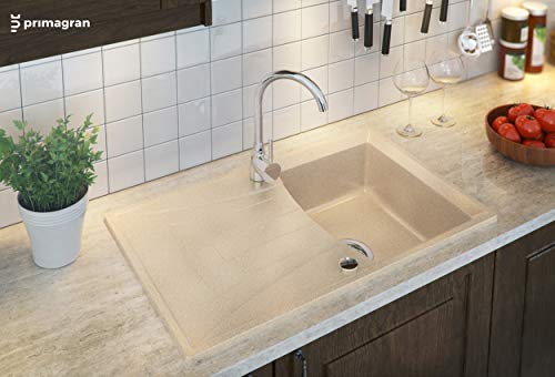 Fregadero de Granito con Premium Sifón Valencia Fregadero Empotrado Beige Armario Cocina 45cm Antibacteriano Lavabo de Granito con Premium Sifón Automático y Rejilla Primagran