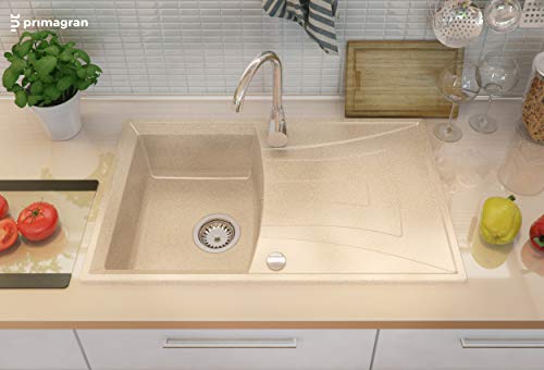Fregadero de Granito con Premium Sifón Valencia Fregadero Empotrado Beige Armario Cocina 45cm Antibacteriano Lavabo de Granito con Premium Sifón Automático y Rejilla Primagran